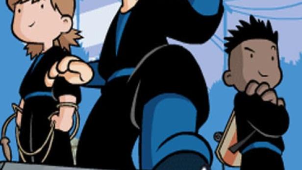 Drei Charaktere aus der Zeichentrickserie „Shuriken School“ stehen vor dem Logo.