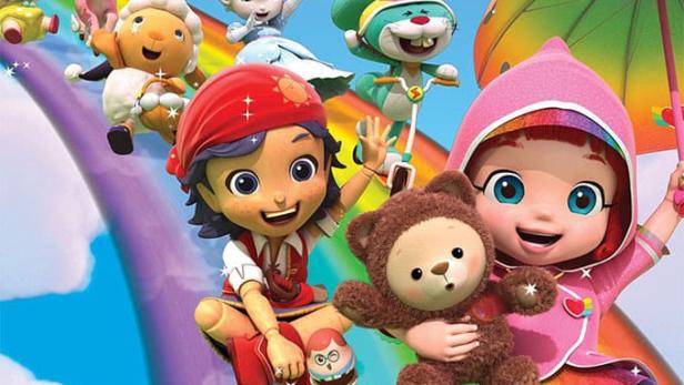 Das animierte Poster für „Rainbow Ruby“ zeigt Ruby und ihre Freunde auf einem Regenbogen.