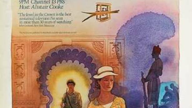 Ein Werbeplakat für „The Jewel in the Crown“ mit mehreren Figuren in Indien.