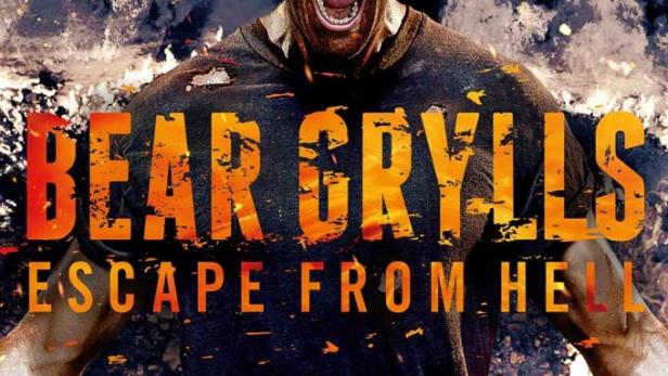 Ein schreiender Bear Grylls vor einem Hintergrund aus Feuer und Rauch für „Escape From Hell“.