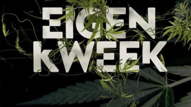 Das Logo der Fernsehserie „Eigen Kweek“ vor dem Hintergrund von Cannabisblättern.