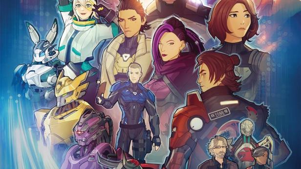 Das Poster für die Animationsserie „gen:LOCK“ von Rooster Teeth zeigt eine Gruppe von Charakteren und Robotern.