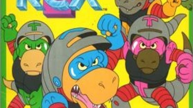 Das Cover der Zeichentrickserie „Die Abenteuer der T-Rex“ zeigt Dinosaurier in Rüstungen.