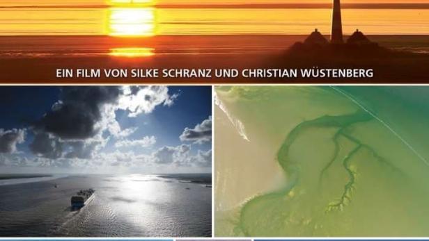 Das Cover des Films „Die Nordsee von Oben“ zeigt verschiedene Luftaufnahmen der Nordseeküste.