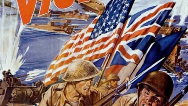 Ein Propagandaposter zeigt Soldaten mit US- und britischen Flaggen und der Aufschrift „Tunisian Victory“.