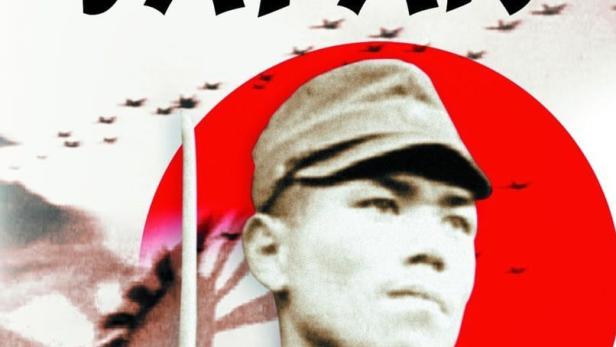 Ein Propagandaposter mit einem japanischen Soldaten vor der japanischen Flagge und Flugzeugen.