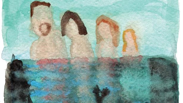 Aquarellmalerei von vier Personen, die in einem Gewässer stehen; darüber steht „El silencio es bienvenido“.