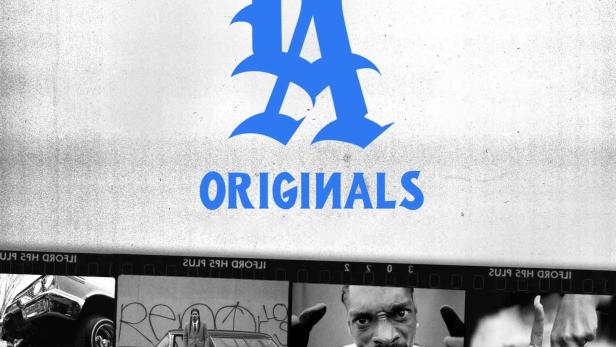 Collage mit Schwarz-Weiß-Fotos vor einer Skyline von Los Angeles und dem Schriftzug „LA Originals“.
