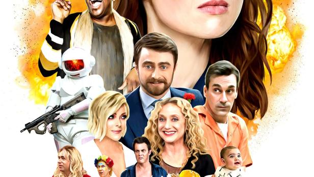 Das Poster für „Unbreakable Kimmy Schmidt: Kimmy vs the Reverend“ zeigt die Hauptdarsteller vor einer Explosion.