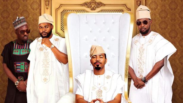 Das Filmplakat für „Merry Men: The Real Yoruba Demons“ zeigt vier Männer in traditioneller nigerianischer Kleidung.