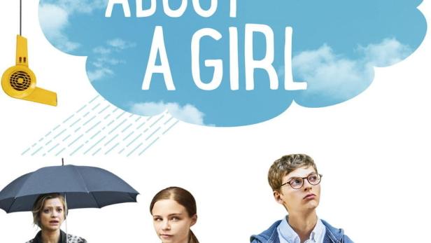 Das Filmplakat für „About a Girl“ zeigt drei junge Menschen auf einer Bank.