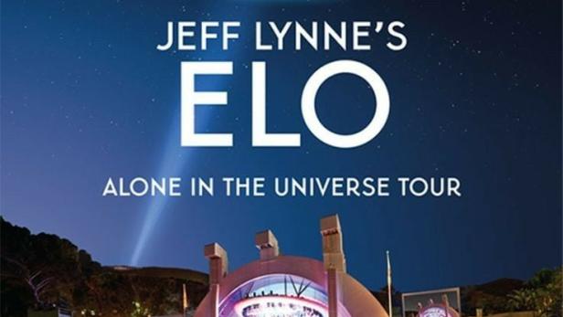 Das Poster für Jeff Lynne's ELO „Alone in the Universe Tour“ zeigt eine UFO-Bühne vor dem Hollywood Bowl.