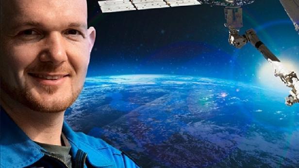 Das Cover des Films „Mission im All“ mit Alexander Gerst und einer Raumstation vor der Erde.