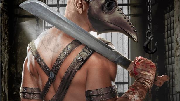 Ein Mann mit einer Pestdoktormaske und einer Machete auf dem Filmplakat für „An American Terror“.