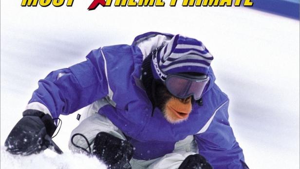 Ein Schimpanse fährt Snowboard im Film „MXP: Most Xtreme Primate“.