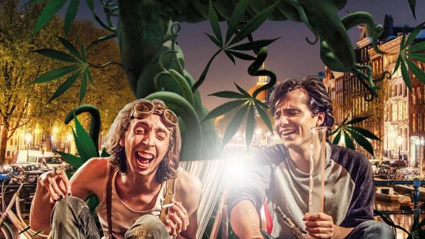 Das Filmplakat für „AmStarDam“ zeigt zwei Männer mit Cannabis vor der Kulisse von Amsterdam.