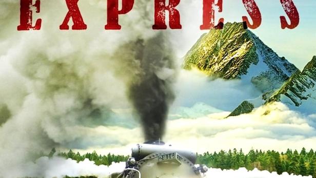Ein Dampfzug fährt vor einer Bergkulisse mit dem Schriftzug „Rocky Mountain Express“.