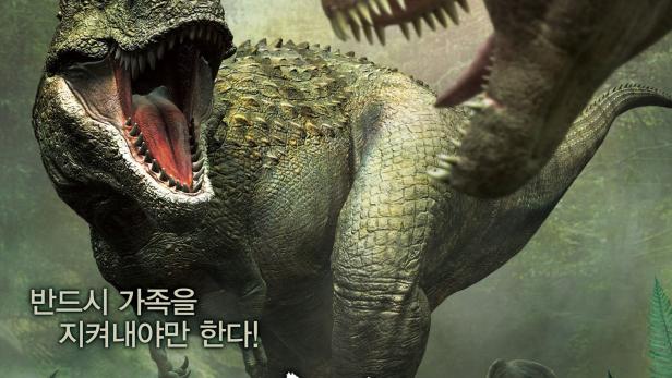 Ein Tarbosaurus-Dinosaurier, möglicherweise „Spotty“, ist auf einem Filmposter zu sehen.