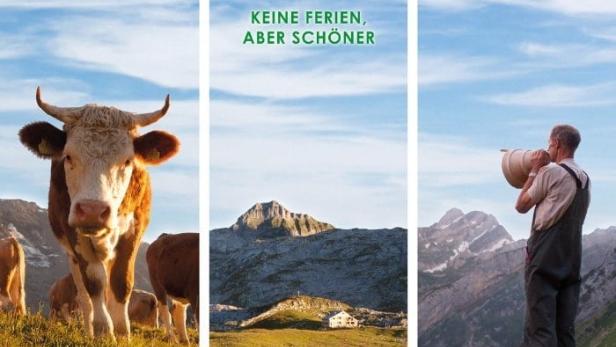 Das Filmplakat für „Alpzyt“ zeigt Kühe, eine Berglandschaft und einen Mann mit einem Alphorn.
