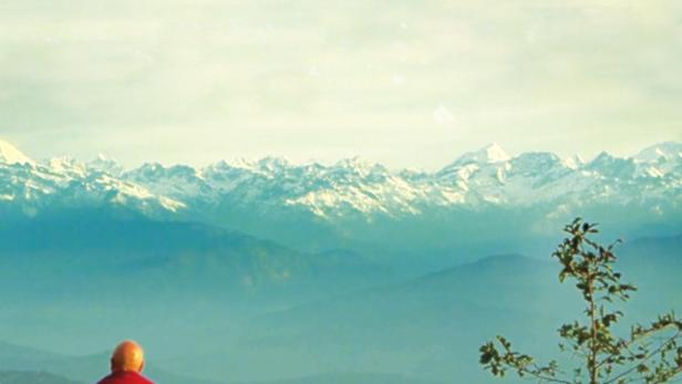 Ein Mönch meditiert vor einer Bergkulisse unter dem Titel „The Altruism Revolution“.