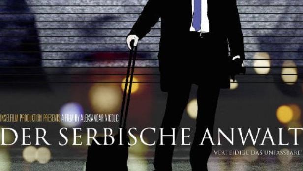 Ein Mann im Anzug mit Koffer auf dem Filmplakat „Der serbische Anwalt“.