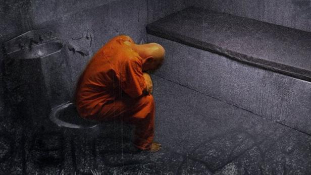 Ein Mann in orangefarbener Gefängniskleidung sitzt in einer Zelle mit dem Titel „Survivor's Guide to Prison“ im Vordergrund.