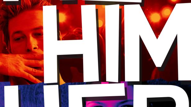 Das farbenfrohe Poster zeigt drei Personen und die Worte „Me Him Her“.