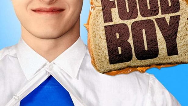 Ein junger Mann im Superhelden-Stil mit dem Titel „The Adventures of Food Boy“ neben sich.