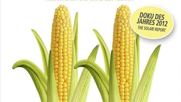 Ein Plakat für einen Film über die Gefahren von Gen-Food, mit zwei Maiskolben als Symbolen.