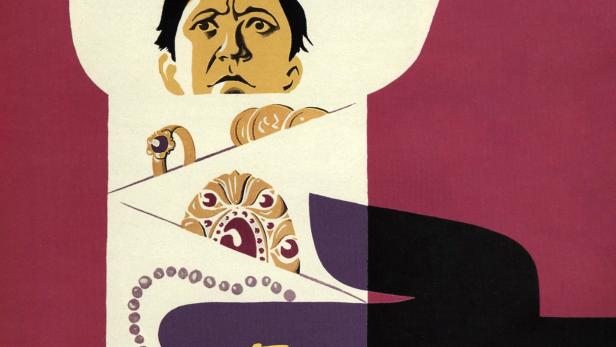 Das Filmplakat für „Brilliantovaya Ruka“ zeigt eine stilisierte Hand mit Schmuck und einem Mann.