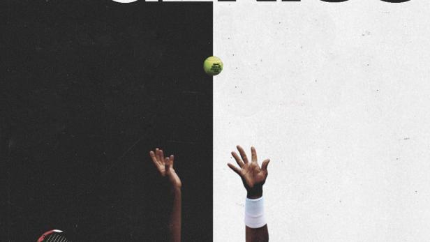 Roger Federer und Rafael Nadal beim Aufschlag auf einem geteilten Schwarz-Weiß-Hintergrund.