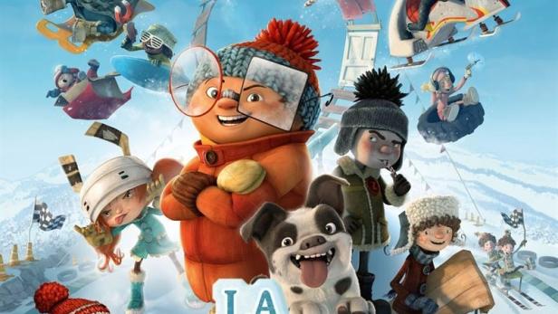 Das Filmplakat für „La Bataille Géante de Boules de Neige 2“ zeigt animierte Kinder und einen Hund im Schnee.