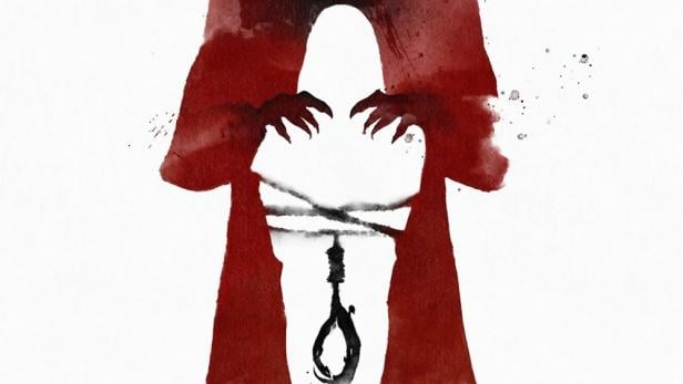 Ein roter, schattenhafter Umriss einer Gestalt mit einer Schlinge, inspiriert vom Film „The Gallows Act II“.