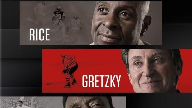 Das Filmplakat von „In Search of Greatness“ zeigt Rice, Gretzky und Pelé.