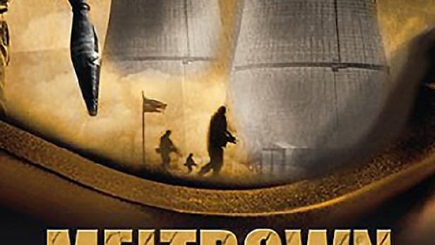 Das Filmplakat für „Meltdown“ zeigt Terroristen, Kühltürme und Fallschirmspringer.
