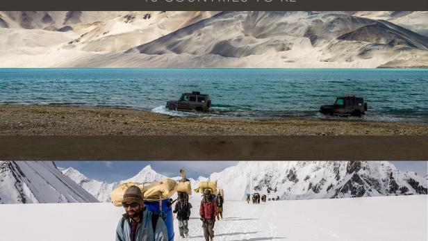 Das Bild zeigt Bergsteiger vor schneebedeckten Bergen, einen See mit Geländewagen und Träger im Schnee.