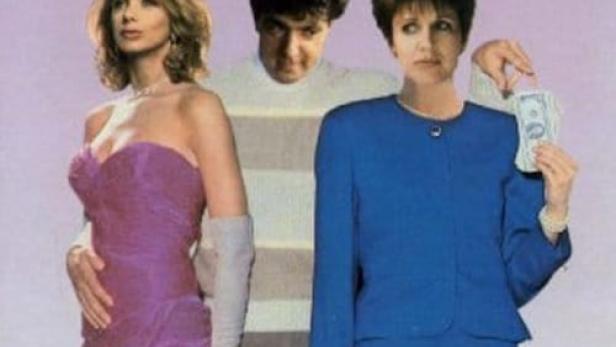 Das Filmplakat für „Sweet Revenge“ zeigt eine Frau in Lila, einen Mann in der Mitte und eine Frau mit Geld in Blau.