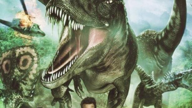 Das Filmplakat von „Jurassic Attack“ zeigt Dinosaurier und bewaffnete Menschen.