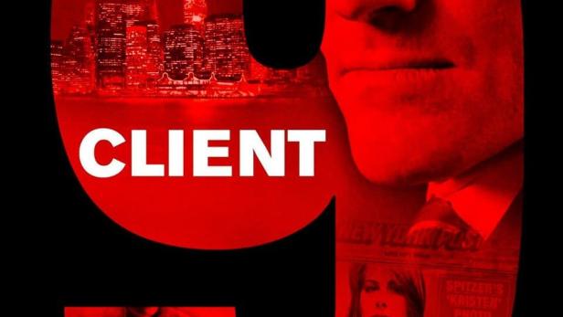 Das Filmplakat für „Client 9: The Rise and Fall of Eliot Spitzer“ zeigt ein Gesicht und New Yorker Skyline in Rot.
