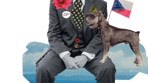 Eine Collage von Václav Havel mit einem Hund und der tschechischen Flagge.