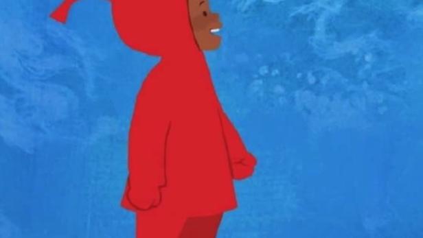 Illustration des Buches „The Snowy Day“ mit einem Kind in rotem Schneeanzug.