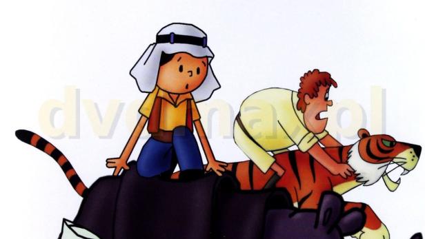 Cover des Films „Wielka Podróż Bolka i Lolka“ mit den Zeichentrickfiguren auf einem Nashorn und einem Tiger.