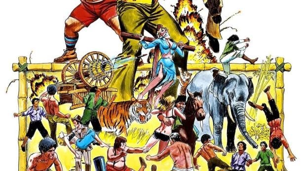 Das Filmplakat für „Hot Potato“ zeigt eine actionreiche Szene mit vielen Kämpfern, einem Tiger und einem Elefanten.