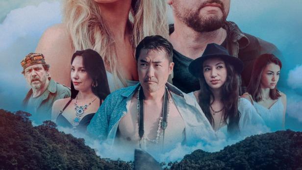 Das Filmplakat für „Shark Island“ zeigt eine Gruppe von Menschen und einen Hai.