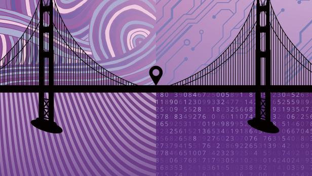 Eine stilisierte Darstellung der Golden Gate Bridge vor einem violetten Hintergrund mit dem Text „San Francisco 2.0“ und dem HBO-Logo.