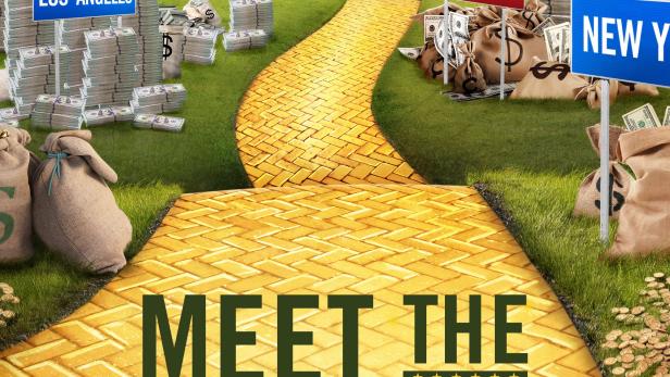 Das HBO-Plakat für „Meet the Donors“ zeigt einen Weg aus Gold zum Weißen Haus, flankiert von Geldsäcken und Schildern mit Städtenamen.