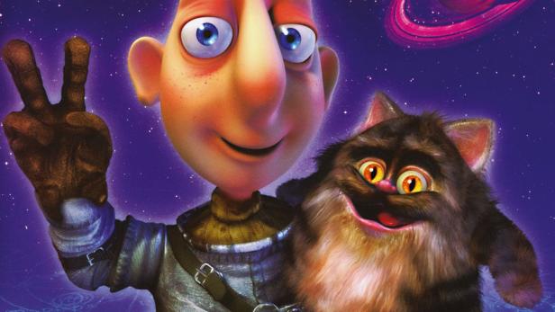 Ein animierter Mann im Raumanzug hält eine Katze vor dem Hintergrund einer Galaxie.