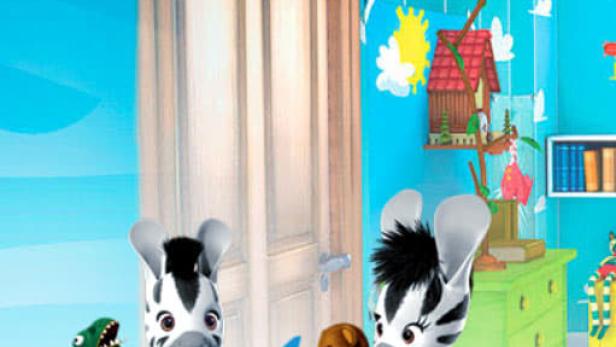 Zwei Zebras spielen in einem Kinderzimmer mit Spielzeug.