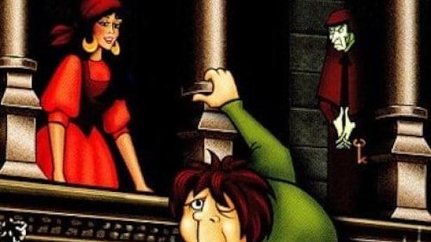 Das Cover des Films „Der Glöckner von Notre Dame“ zeigt Quasimodo, Esmeralda und Frollo.