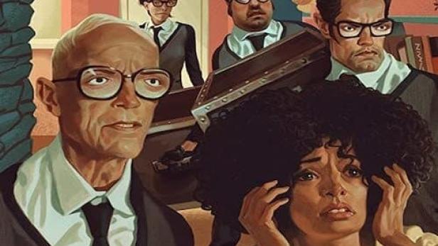 Eine verängstigte Frau wird von mehreren Männern in Anzügen mit Brillen umgeben.